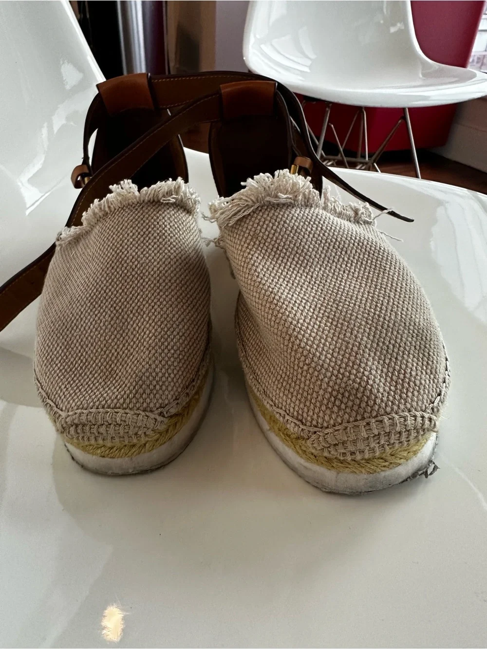 See By Chloe Beige Canvas Espadrille Sandals with Tan Ankle Straps
